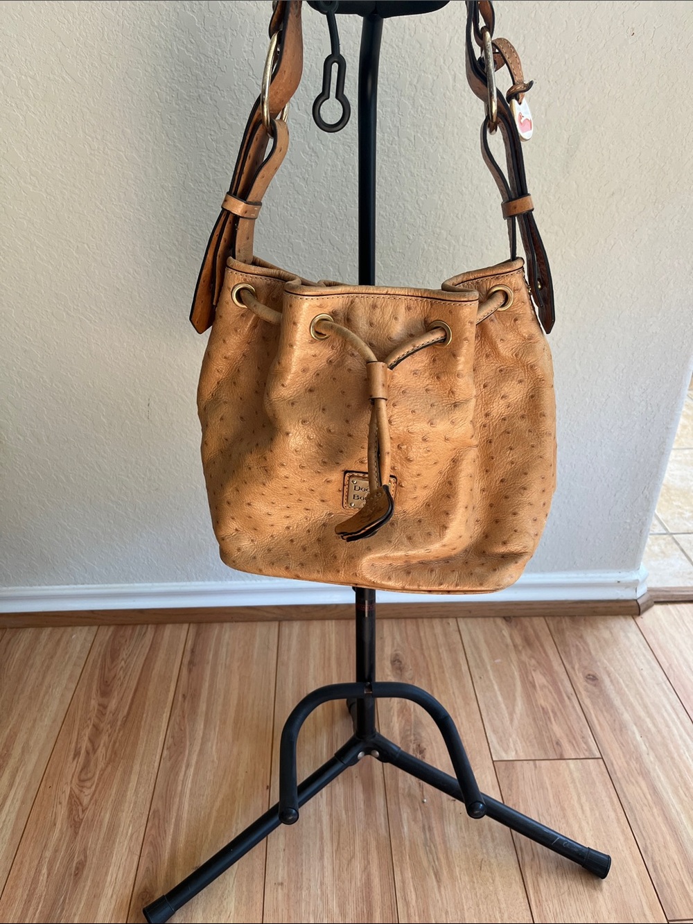 Dooney & Bourke Tan Ostrich-Embossed Drawstring Hobo